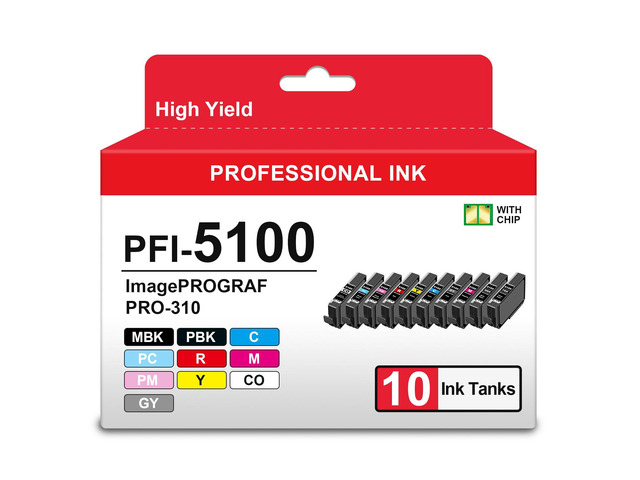 PRO310 PFI5100 Ink Cartridges High Yield Compatible for Canon PFI-5100 Ink Replacement for Canon imagePROGRAF PRO-310 Printer,10 Color Pack Ink...