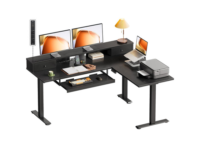 59 Inch L Shaped Electric Standing Desk with Drawers, Black Monitor Stand, Keyboard Tray, Fabric Drawer, Power Outlets, Height Adjustable Corner...