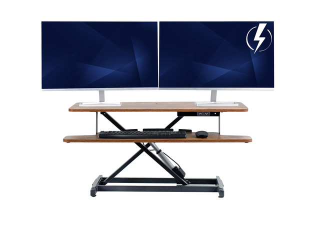 Vintage Brown 36 inch Electric Desk Converter, DESK-VE36N Height Adjustable, Stand Up Desk Riser, Wide Keyboard Tray, Rustic, Dual Monitor and...