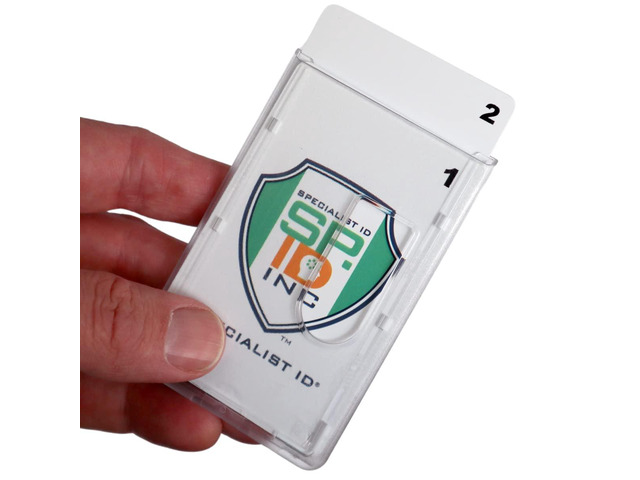 5 Pack - Heavy Duty Dual Sided Badge Holders - Holds 2 Cards - Polycarbonate Vertical - Durable Rigid Clear Hard Plastic Badges - Secure Top Load...