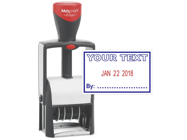 Heavy Duty Date Stamp with Your Custom Text, Self Inking Stamp - 1' x 1-5/8 - 2-Color Blue/Red Ink