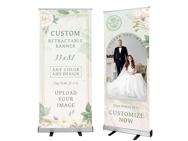 Custom Retractable Banner with Stand for Trade Shows Made in USA Ship Next Day Personalized 33x81 inch waterproof canvas display, pre-assembled...