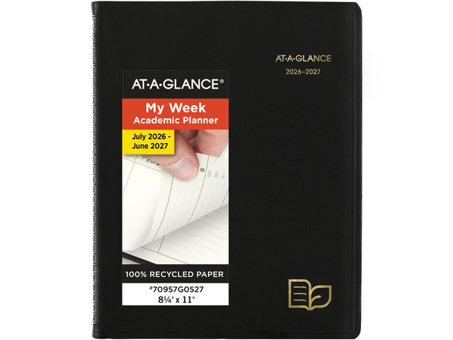 Planner 2026-2027 Weekly & Monthly Academic 12-Month July-June Quarter-Hourly Appointment Book, 8-1/4' x 11', Recycled, Black (70957G05)