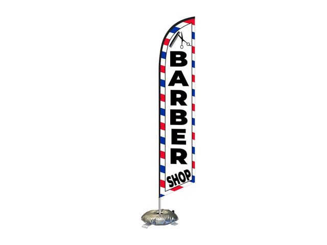 Barber Shop Feather Swooper Flag with 15' FT pole kit Cross-base and Weight-Donut, Perfect for Hair Saloon Advertising Banner Sign