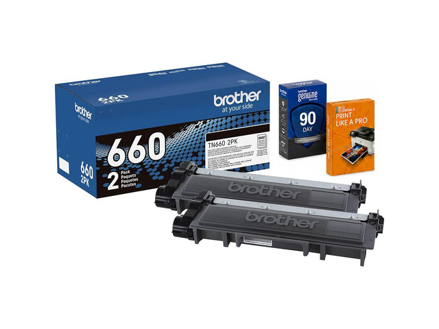 Genuine TN660 2PK Black High Yield Toner Cartridge, Up to 2,600 Page Yield Each, Bundle with Deco Essentials Printer eBook for HL-L2300D,...
