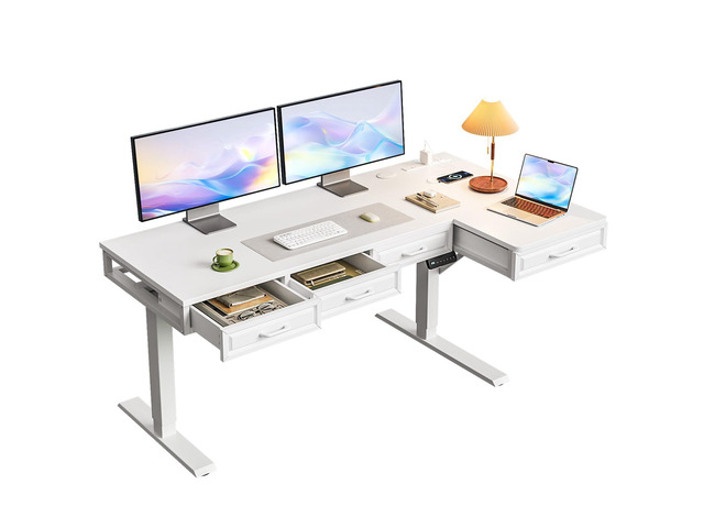55 Inch L Shaped Standing Desk with 4 Wooden Drawers, White Reversible Corner Table, Office Table With 4 Wooden Drawers and Outlets For Home...