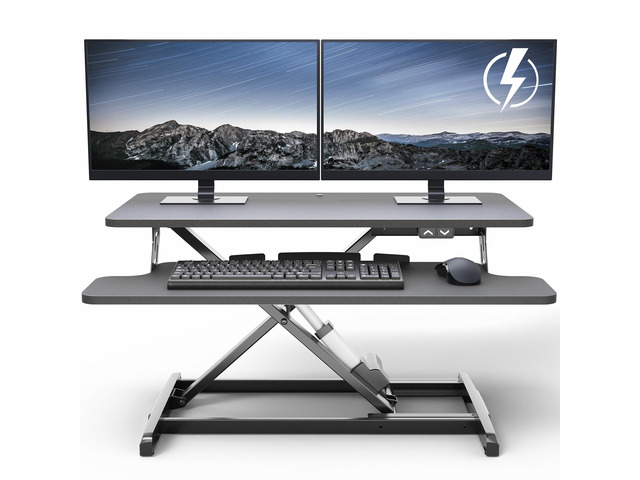 32 inch Electric Motor Desk Converter, Height Adjustable Riser, Sit to Stand Dual Monitor and Laptop Workstation with Wide Keyboard Tray, Black,...