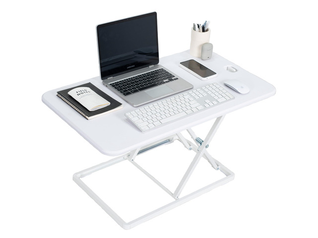 Ultra-Slim 32 Inch Single Top Height Adjustable Standing Desk Riser, Compact Sit Stand Desktop Converter for Monitor or Laptop, White, DESK-V032JW