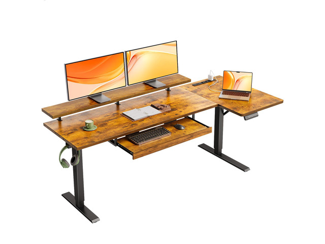 63 Inch Reversible L Shaped Electric Standing Desk, Rustic Brown Monitor Stand, Keyboard Tray, Power Outlets, 3 Memory Presets, Corner Stand Up...