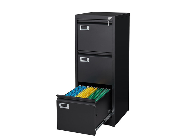3 Drawer File Cabinet, Black Metal Vertical Filing Cabinet with Lock, Home Office File Folders Storage Cabinet for Letter Legal A4 File Size