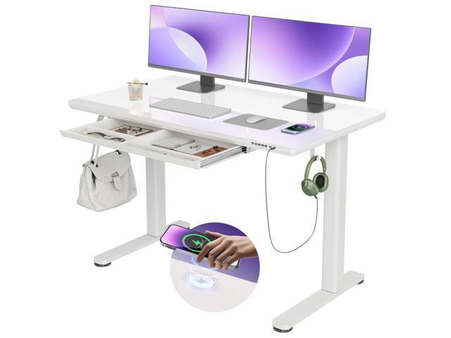 Wireless Charging Glass Standing Desk with Drawers 48×24 Inch Tempered One-Piece Glass Top, Ergonomic, Smooth Height Adjustment, 3 Memory...