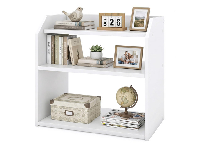 3-Tier Desktop Bookshelf, Wooden Countertop Bookcase with Guardrails, Space-Saving Desk Display Hutch Shelf, Modern Tabletop Storage Organizer for...
