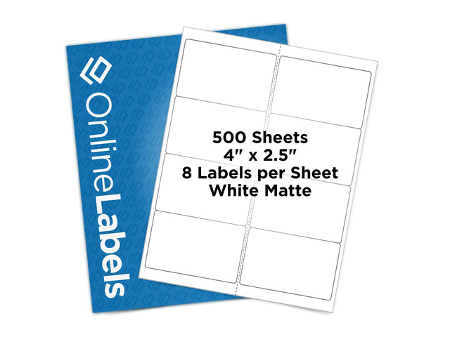 OnlineLabels 4' x 2.5' Labels - White Matte - Inkjet/Labels - 500 Sheets Permanent Adhesive, Blank Rectangle Labels, Inkjet & Laser Compatible