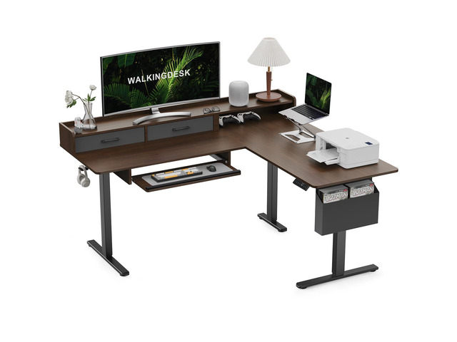 63 Inches Height Adjustable L Shaped Standing Desk with 2 Drawers and Keyboard Tray, Electric Sit to Stand Home Office Comupter Table, Ergonomic...