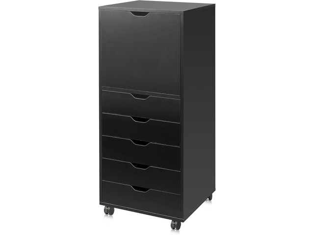 5 Drawer Cabinet with 1 Door, Mobile Office File Cabinet, Black Wood Rolling Cart, Filing Drawers, Craft Storage Drawer Cabinet, Printer Stand,...