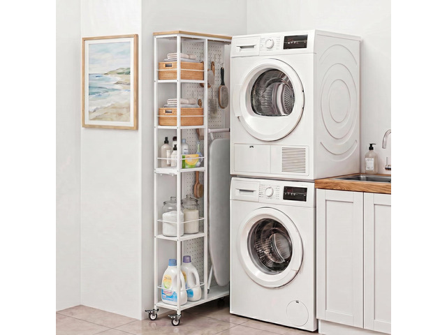 8.3' W Slim Utility Storage Cart, Laundry Cart with Wheels, 5-Tier Storage Shelf & Pegboard, Metal Narrow Laundry Room Shelves Trolley, Thin...