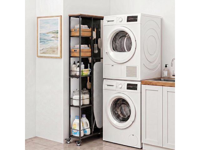 8.3' W Utility Slim Storage Cart, Laundry Cart with Wheels, 5-Tier Storage Shelf & Pegboard, Metal Narrow Laundry Room Shelves Trolley, Thin...