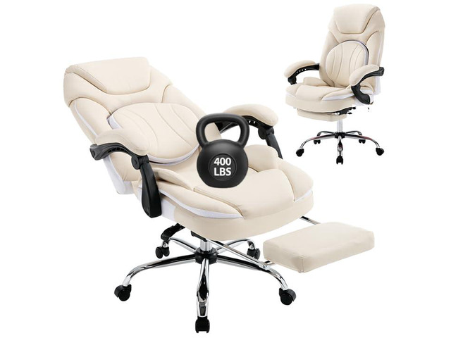 Comfortable Reclining Office Desk Chair with Foot Leg Rest, Beige Big Tall Computer Gaming Chair, Adjustable Lumbar Back Support, Wide Seat,...