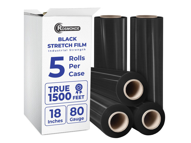 Bulk Plastic Wrap, 5 Pack, True 18' x 1500 ft Black Shrink Wrap Industrial Strength Pallet Stretch Wrap, 80 Gauge / 20 Microns, 9.4 lbs / Roll,...