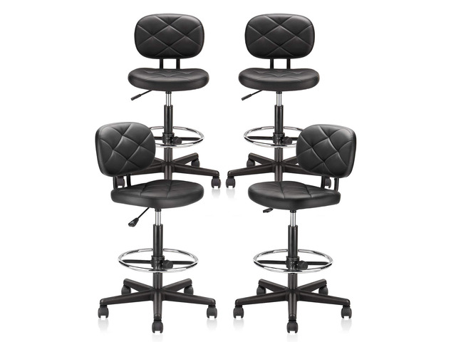Tall Drafting Rolling Stool Chair with Low Back Support and Adjustable Foot Rest Ring Set of 4 PU Leather Vinly Wide Seat Swivel Standing Desk...