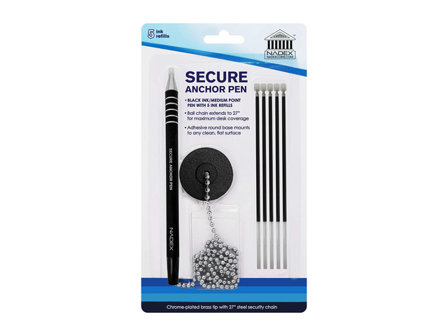 Ball and Chain Security Pen Set 1 Pen, 1 Adhesive Mount, and 5 Refills (Black)