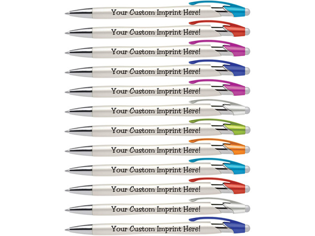 Custom Pens with Stylus - The Pearl - Personalized Metallic Printed Name Pens with Black Ink - Imprinted with Logo or Message - Great Gift Ideas -...