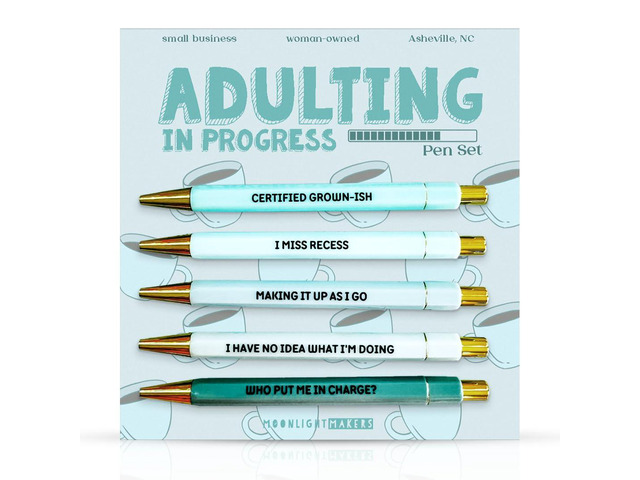Ballpoint Pens Black Ink, Set of 5, Adulting in Progress Engraved Funny Pens for Adults, Appreciation Gifts, Ideal Desk Decor for Work and Office...