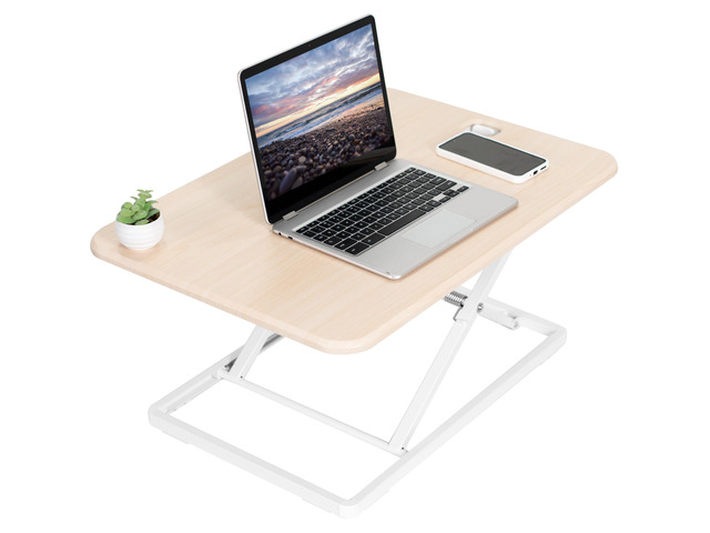 Ultra-Slim Single Top Height Adjustable Standing Desk Riser, Compact Sit Stand Desktop Converter for Monitor or Laptop, Light Wood, DESK-V001JF