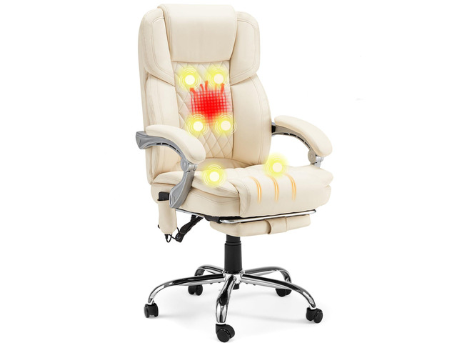 Heated Massage Executive Office Chair with Footrest,Cream 6-Point Vibration Massage, Lumbar Heat,8 Vibration Modes,135° Recline Premium PU...