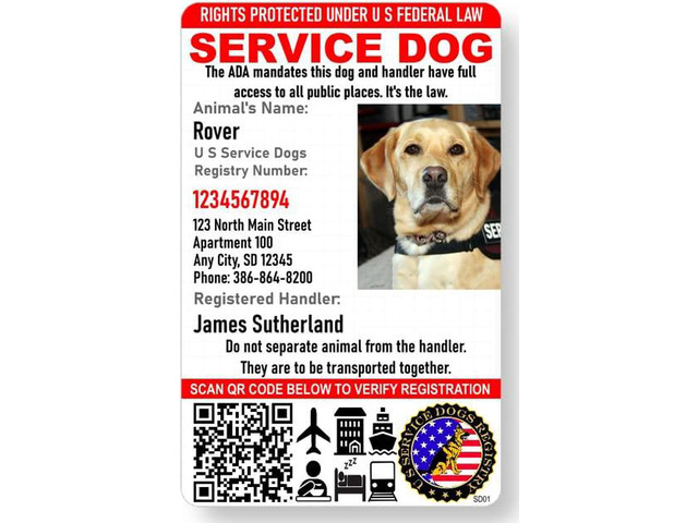 Custom Service Dog ID Card with QR Code and Optional Holograph Registration to U S Service Dogs Registry Plus ID Holder & Digital ID - Portrait...