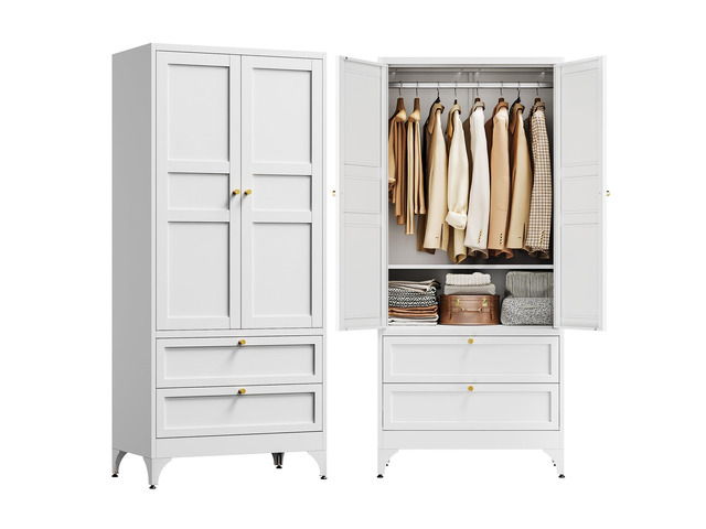 71' Metal Wardrobe Cabinets with 2 Drawers,Steel Armoire Wardrobe Closet with Doors and Shelves,Clothing Storage Cabinets with Hanging Rod for...