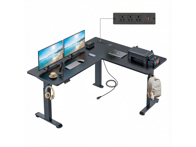 63x5in L Shaped Standing Desk with Outlets & Mouse Pad, Black Reversible Electric Sit Stand Up Desk Adjustable Height Corner Desk,Home Office...