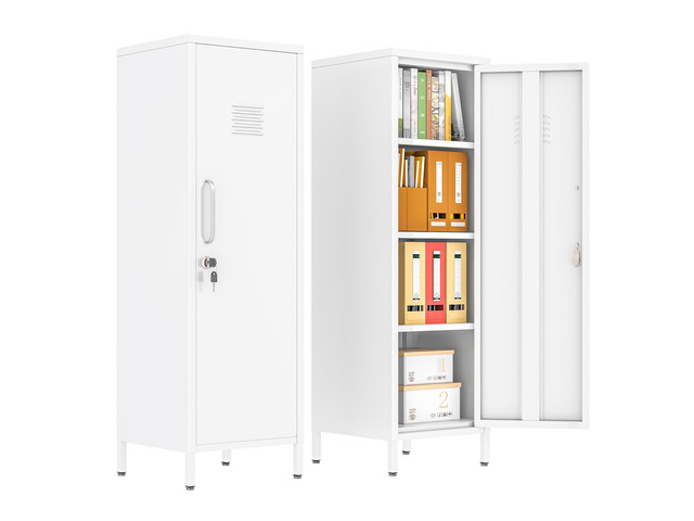 47.24' White Lockable Small Metal Storage Locker 1 Door & 3 Adjustable Shelves, Steel Cabinet for Employees, Home, School, Office & Gym