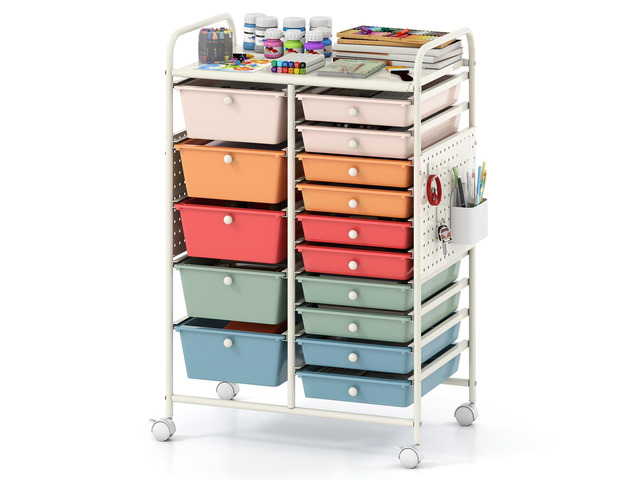 15 Drawer Storage Cart, Rolling Craft Cart with Metal Tabletop & Pegboard, Mobile Utility Organizer Trolley with Locking Wheels, Home Office,...