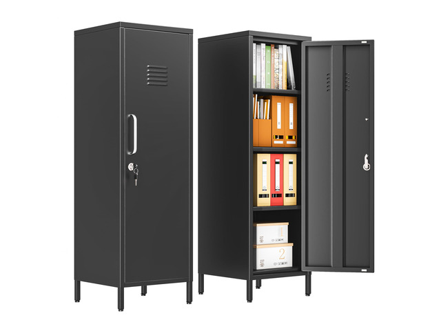 47.24' Black Lockable Small Metal Storage Locker 1 Door & 3 Adjustable Shelves, Steel Cabinet for Employees, Home, School, Office & Gym