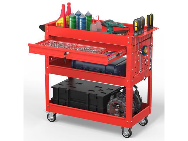 3 Tier Rolling Tool Cart on Wheels, 550 LBS Tool Cart with DrawersHeavy Duty Utility Cart with Pegboard and HookMechanic Tool Storage Cart for...
