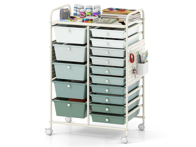 15 Drawer Storage Cart, Rolling Craft Cart with Metal Tabletop & Pegboard, Mobile Utility Organizer Trolley with Locking Wheels, Home Office,...