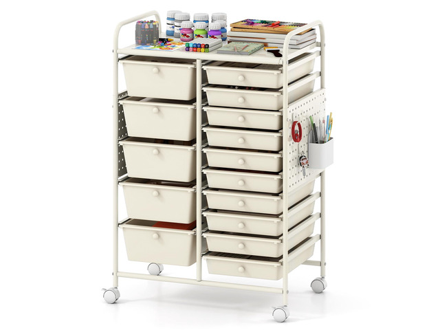 15 Drawer Storage Cart, Rolling Craft Cart with Metal Tabletop & Pegboard, Mobile Utility Organizer Trolley with Locking Wheels, Home Office,...