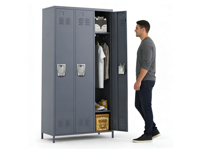 Upgraded 3-Door Lockers for Employees, Metal Storage Cabinet Heavy-duty steel, lockable, shelves & hooks, ventilated, card slot included, fits...