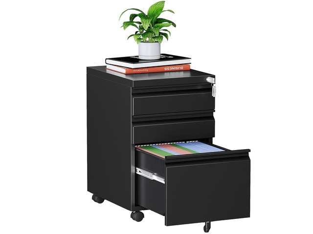 3 Drawer File Cabinet on Wheels, Home Office Mobile File Cabinet Under Desk, Full Assembled Metal Filing Cabinets with Lock for Legal/Letter/A4...