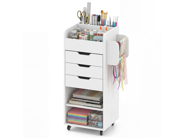 Craft Storage Cart - Utility Organizer Cart with 3 Drawers, 3 Shelves, 3 Slotted Compartments, 2 Rolling Rods, Crafting Sewing Cabinet on Wheels...