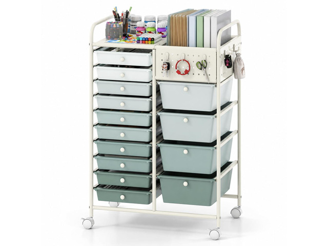 14 Drawer Storage Cart, Rolling Craft Cart with Metal Tabletop & Pegboard, Mobile Utility Organizer Trolley with Locking Wheels, Home Office, Green...