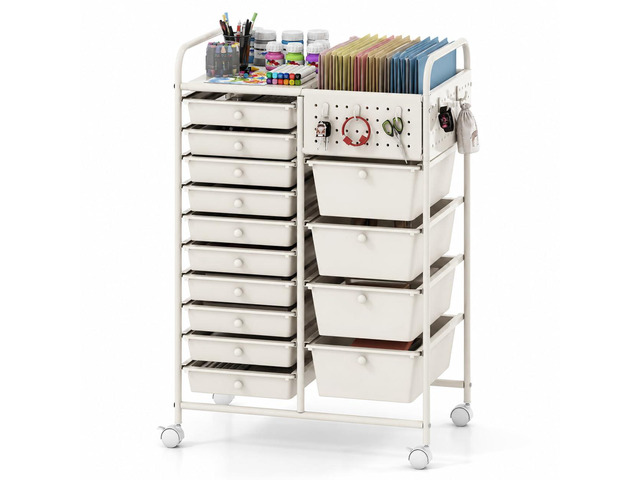 14 Drawer Storage Cart, Rolling Craft Cart with Metal Tabletop & Pegboard, Mobile Utility Organizer Trolley with Locking Wheels, Home Office, Ivory