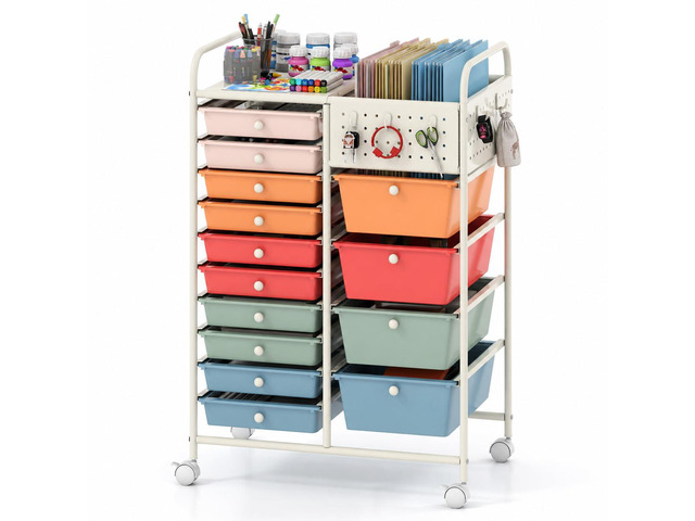 14 Drawer Storage Cart, Rolling Craft Cart with Metal Tabletop & Pegboard, Mobile Utility Organizer Trolley with Locking Wheels, Home Office,...
