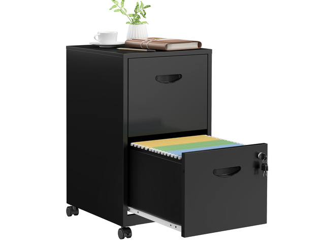 2 Drawer File Cabinet,Metal Mobile File Cabinet with Lock Black Filing Cabinet with Wheel,Vertical File Cabinet for Home Office,Under Desk Rolling...