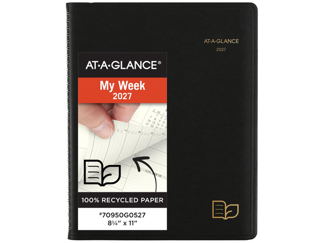 2027 Appointment Book Planner, Weekly & Monthly, 8.25' x 11', Quarter-Hourly, Recycled, Black (70950G0527)