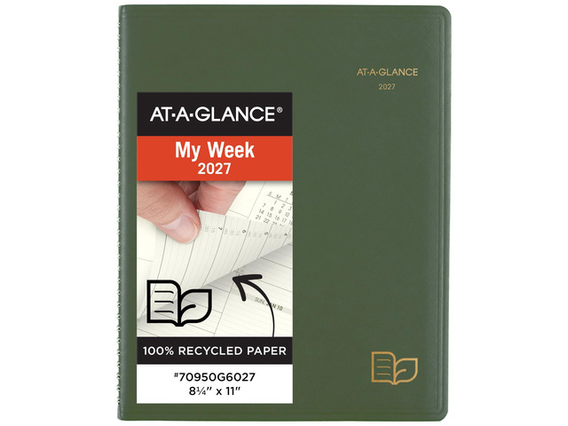2027 Appointment Book Planner, Weekly & Monthly, 8.25' x 11', Quarter-Hourly, Recycled, Green (70950G6027)
