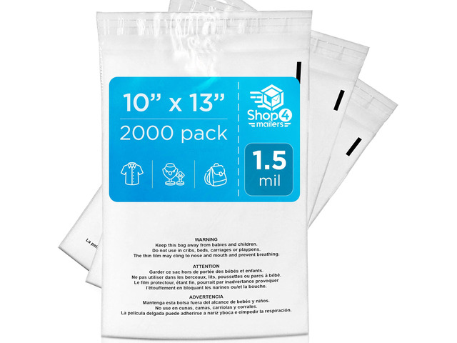 2000 Count 10x13 Clear Poly Bags with Suffocation Warning, 1.5 Mil Resealable Transparent Self Seal Polyethylene Polybags Packaging Mailers for...