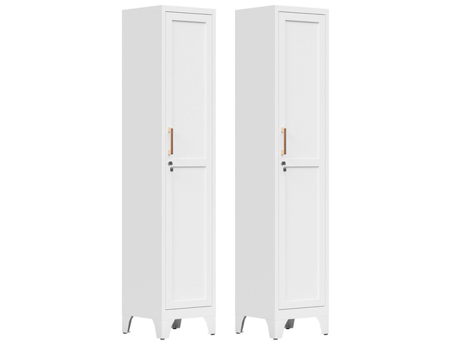 67'H White Metal Locker with 1 Lockable Door and 4 Adjustable Shelves For Employees, 5 Tier Thin Storage Cabinet with Detachable Legs and Gold...
