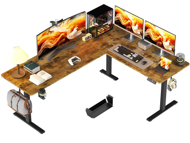 75x61 Inches Reversible L Shaped Standing Desk Height Adjustable with Cup Holder, Electric Corner Computer Workstation for Home Office, Ergonomic...